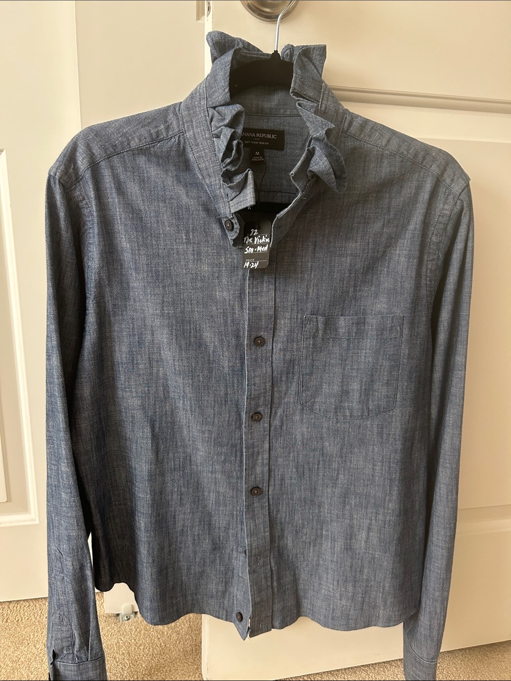 Banana Republic Chambray Ruffle Collar  Shirt Blue recreated for a  woman